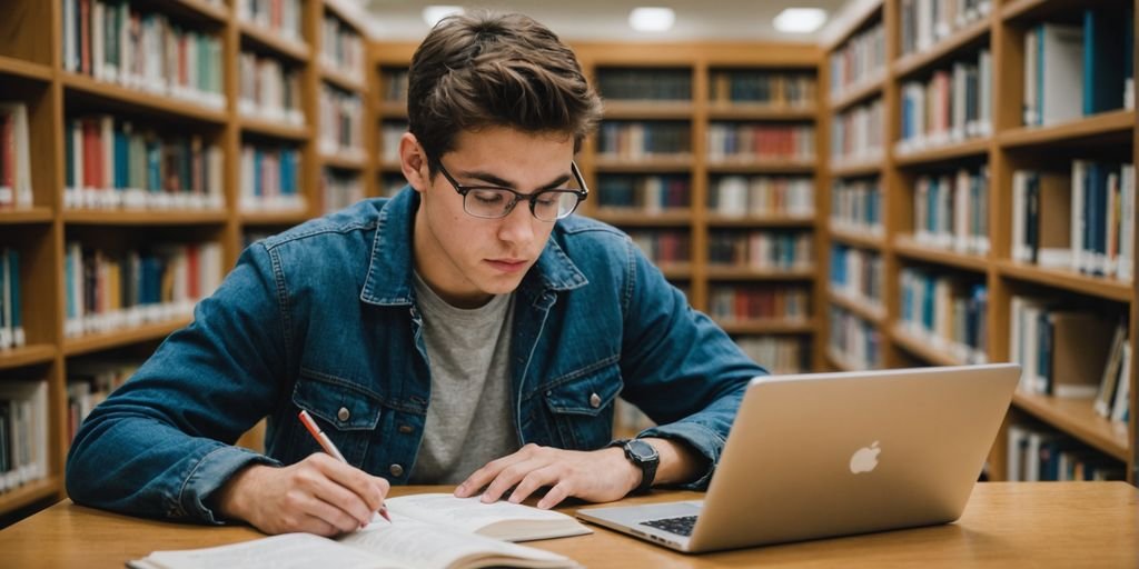 Student researching in a library with books and laptop.