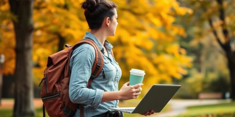 Student balancing studies, work, and life in a park.