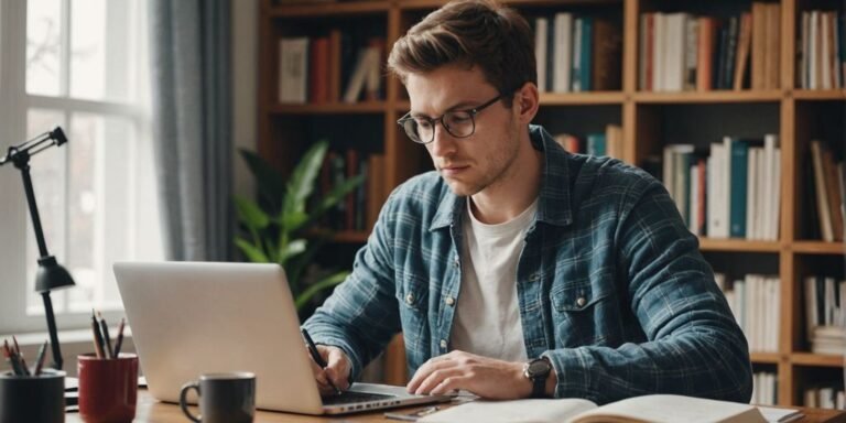 Student writing notes at a desk with books and coffee