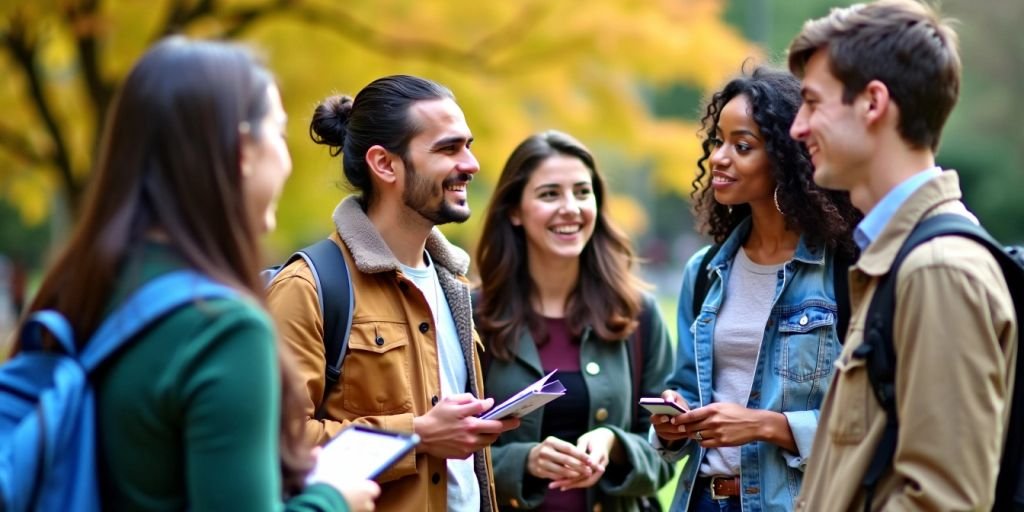 Students discussing career paths on campus