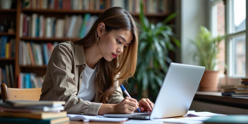 Student writing notes at desk with laptop