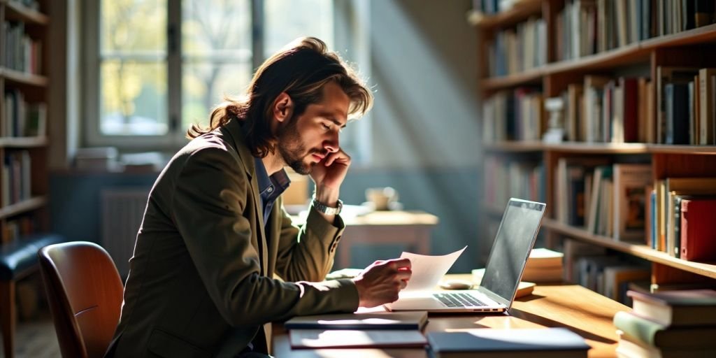 Researcher studying in a library with books and laptop.