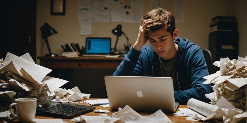 Stressed student at cluttered desk