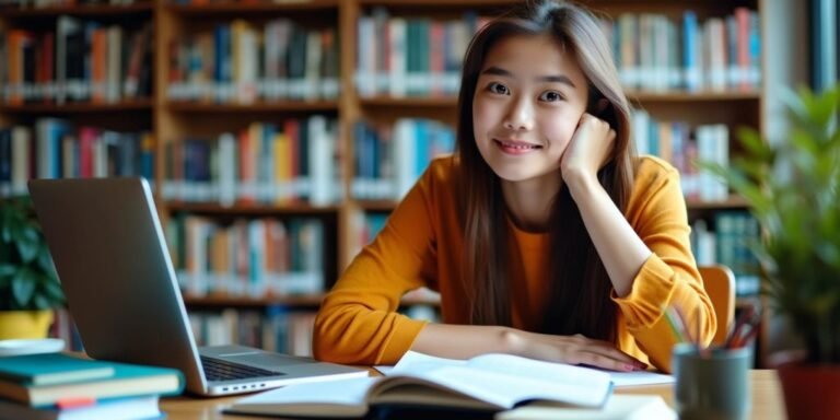 Student studying in a library