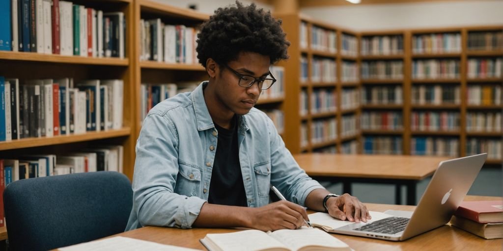 Student studying with books and laptop